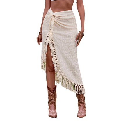 Summer Tassel Beach Skirt - Hollow Irregular Mid-Length Design