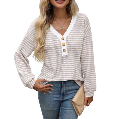 Women's V-neck Buttons Pullover Patchwork Casual Long-sleeved Top