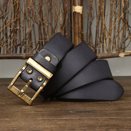 Men's Retro Washed Matte Top-Grain Leather Brass Buckle Belt - Sophisticated Texture