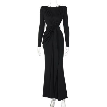 Women's Back Hollow-Out Slim-Fit Long Sleeve Dress - Asymmetric Skirt - Milk Silk Lycra - Private Clothing Socialite