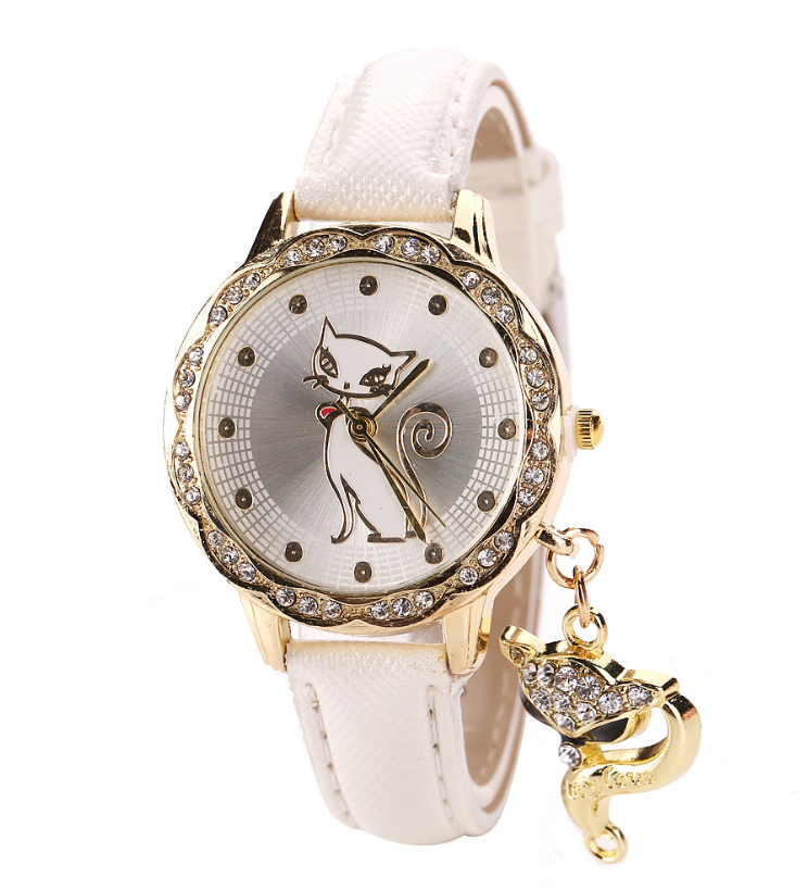 Mode mignon chat modèle montre bracelets horloge cadeau femmes fille montres de luxe diamant analogique en cuir Quartz montres