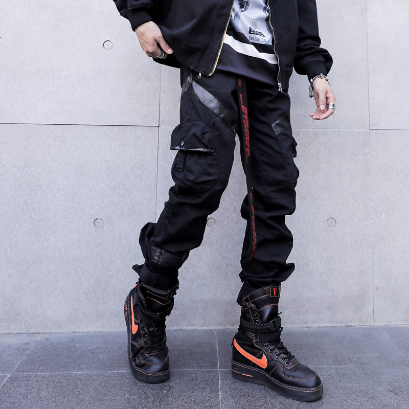 Men High Street Fashion Leather Pocket Splice Casual Cargo Pant Male Hip Hop Harem Pants Long Trousers