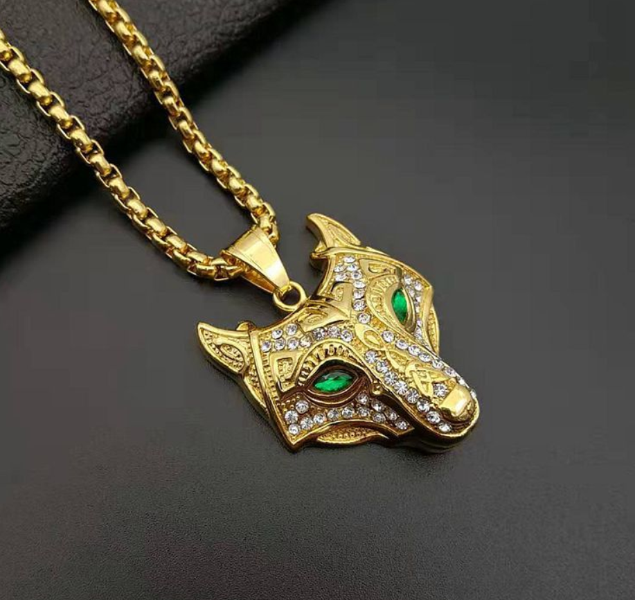 Men Stainless Steel Necklace Gold Color Viking Wolf Head Necklace Pendant With Chain Iced Out Norse Talisman Ethnic Jewelry