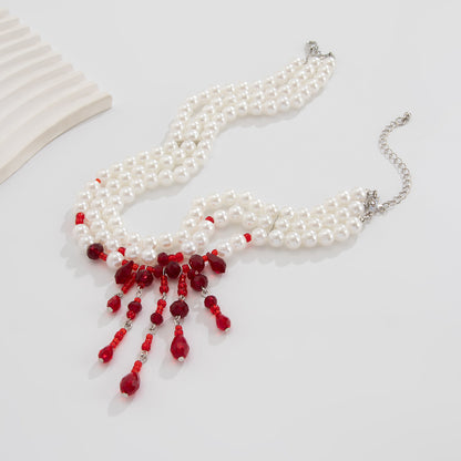 Halloween Blood Drop Tassel Pearl Crystal Necklace