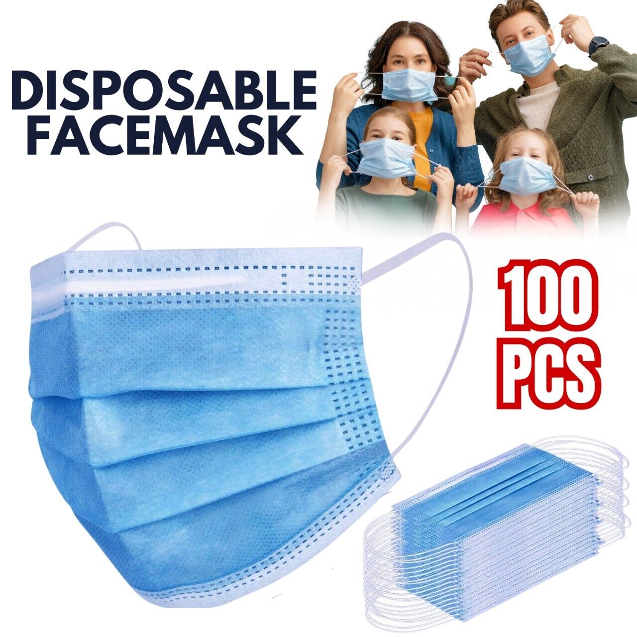 100 PCS Masque De Protection Jetable Couverture 3 Ply Masques Jetables - Bleu