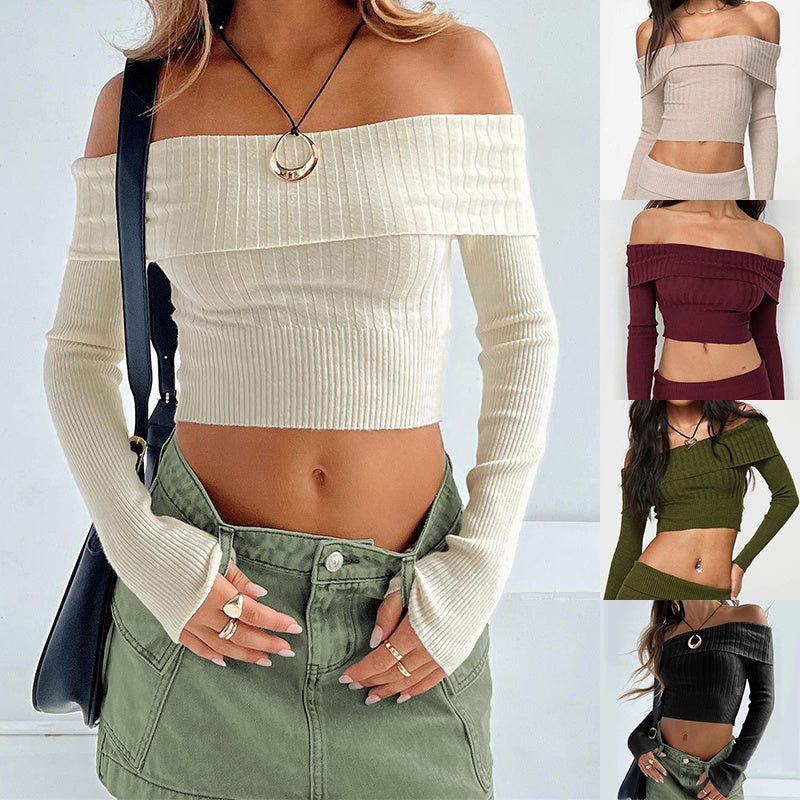 Boat Neck Long Sleeve Knitted Sweater Off-shoulder Crop Short Top SFor Womens Clothing