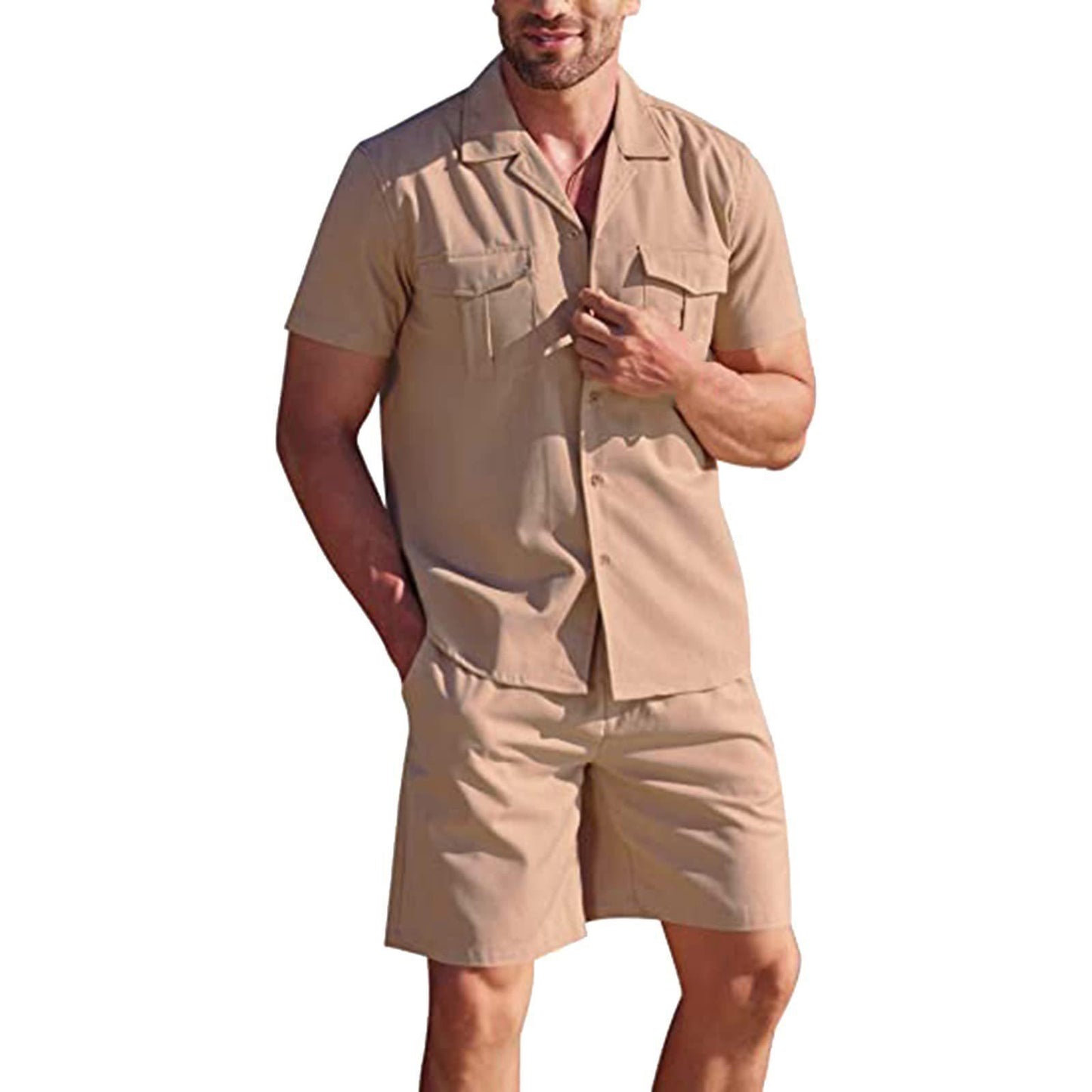 Lapel Collar Short Sleeve Shirt Set With Pockets Loose Casual Shirt And Shorts Summer