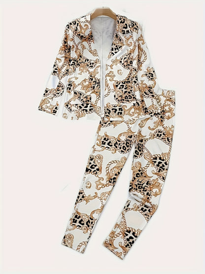 Tvådelad kavaj med slagmönster, geometriskt tryck, mikroelastiska, fuskknappar, casual tyg, outfit för vår och höst, polyester, damkläder, säljs inte på Amazon 