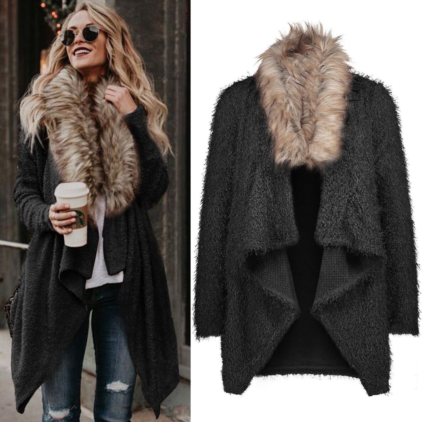 Fur collar cardigan plush trench coat