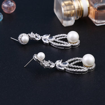 Zircon pierced pearl earrings earrings female 925 silver white gold zircon earrings pearl earrings