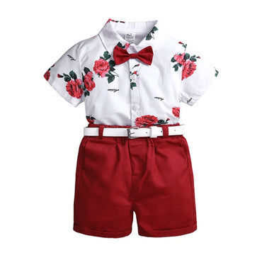 2pcs Summer Baby Set - Flower Short Sleeve Polo Shirt with Red Shorts