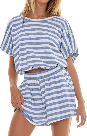 Dam Kortärmad Randig T-shirt Lös Midja Outfit Shorts Casual Kostym