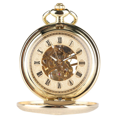 Fashionable Golden Roman Characters Hollow-out Petals Retro Mechanical Pocket Watch