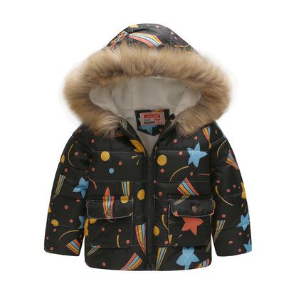 Boys and Girls Printed Hooded Children's Warm Cotton Jacket Thickened