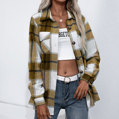 Long-sleeved Thick Cashmere Plaid Top Loose Casual Shirt Jacket