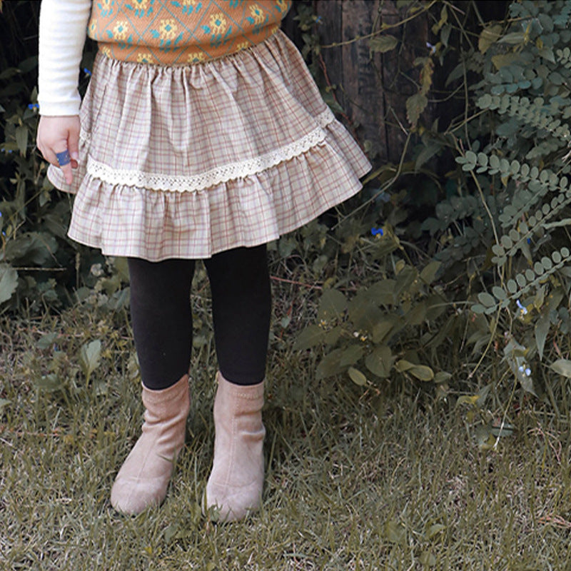 Korean Girl Cute Plaid Padded Plus Velvet Skirt Pants