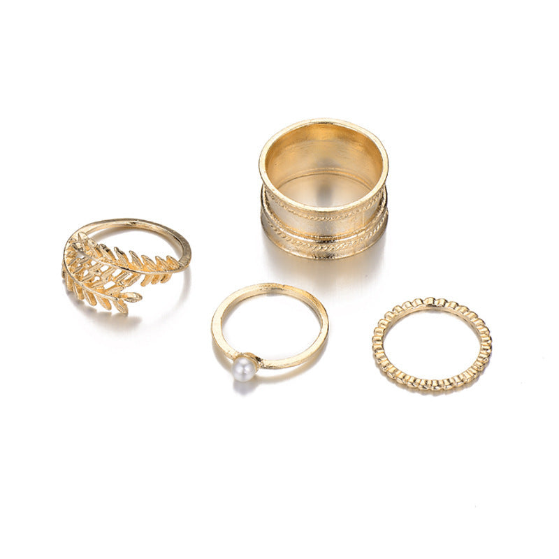 Fashion Gold-plated Leaf Pearl Ring Set, Ladies Street Shooting All-match Ring