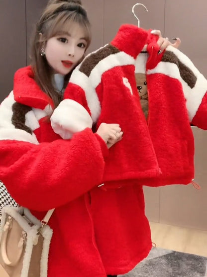 Parent-child Clothing For A Family Of Three In Winter With Wool Thickened Lamb Coat