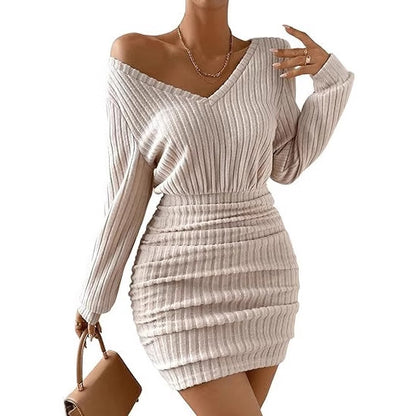 Solid Color And V-neck Long Sleeve Pleated Mini Short Dress