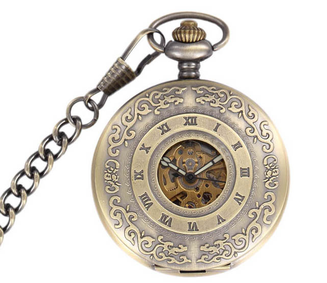 Engraved Bronze Mechanical Demi Pocket Watch