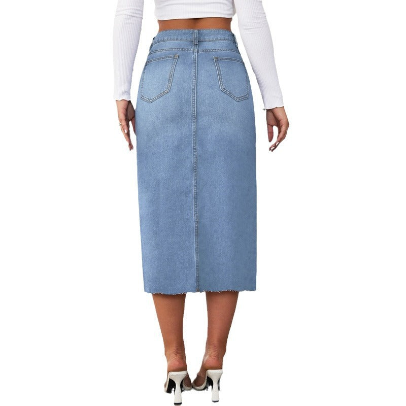 Womens High-Waisted Denim Skirt With A Front Slit And Long Length