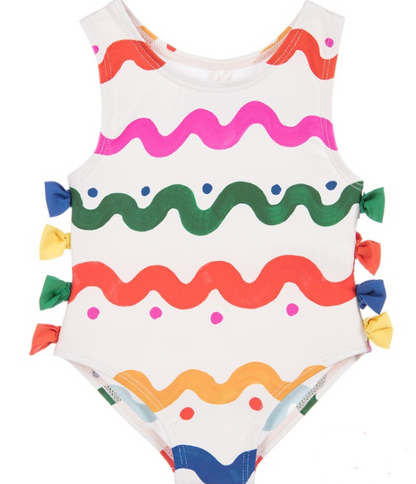 Colorful wave pattern bow conjoined girl swimsuit swimsuit