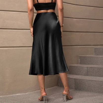 Satin Elegance Style Polyester Midi A- Line Skirt