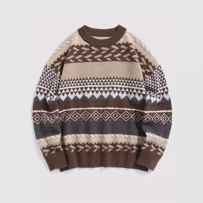 Pullover Round Neck Long Sleeves Contrast Color Diamond Patterns Sweater