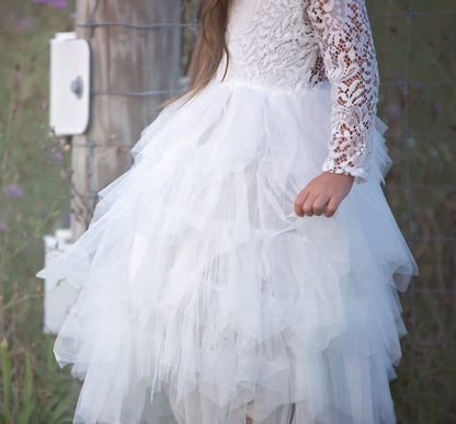 Jupe creuse en dentelle pour enfants, tenue de princesse blanche à manches longues pour filles, robe irrégulière, automne et hiver