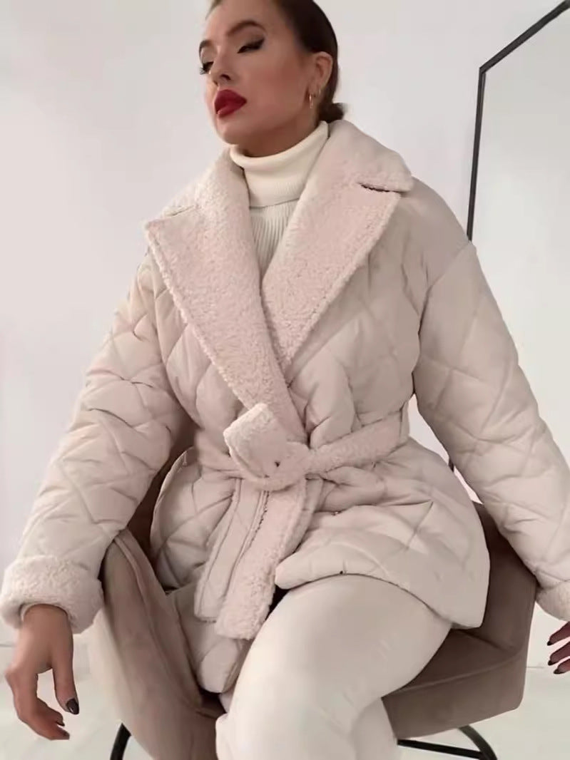 Winter Lapel Plaid Coat Fashion All-Match Waist-Tied Design Coat For Women Outwear Clothing