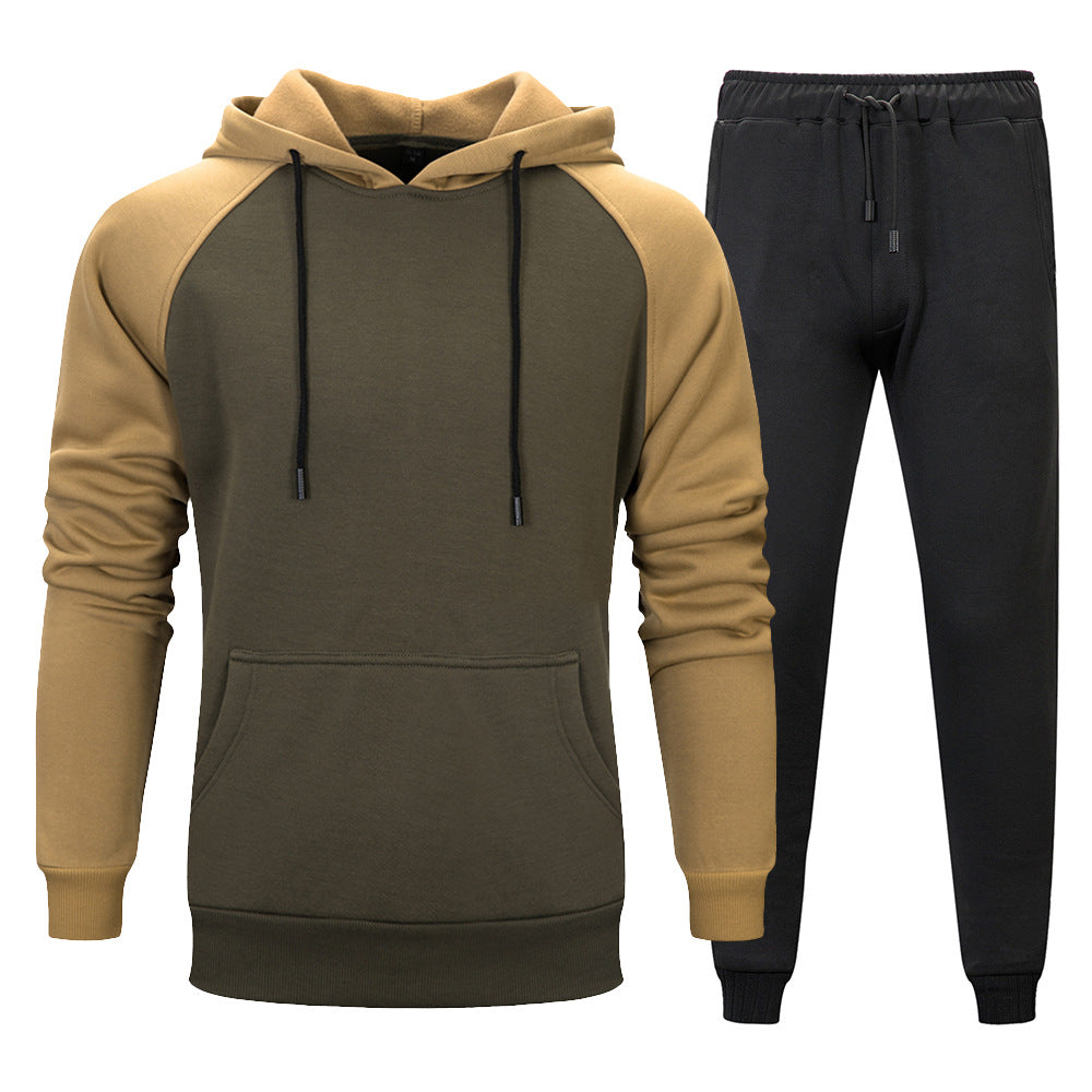 Fashion Trend Color Contrast Hooded Sweater Solid Color Waist Trousers For Men