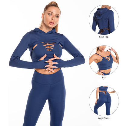 3 pièces costumes de sport à manches longues haut à capuche conception creuse camisole et bout à bout taille haute sans couture Fitness Leggings sport tenues de sport vêtements