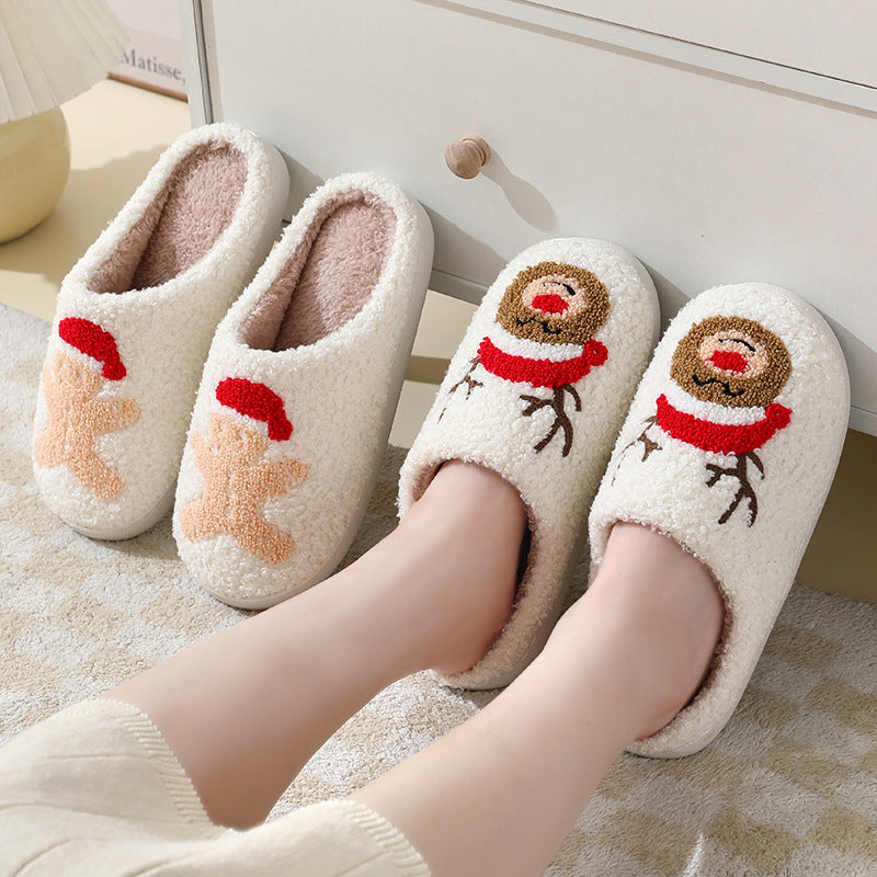 Pantoufles de noël en coton pour femmes et hommes, pantoufles de maison mignonnes de dessin animé du père noël, chaussures chaudes d'hiver en fourrure pour Couples