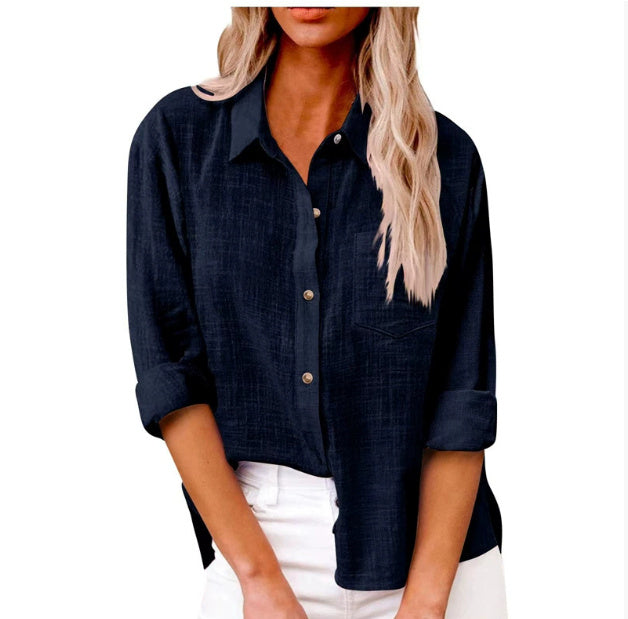 Pocket Split Cotton And Linen Long-sleeved Shirt
