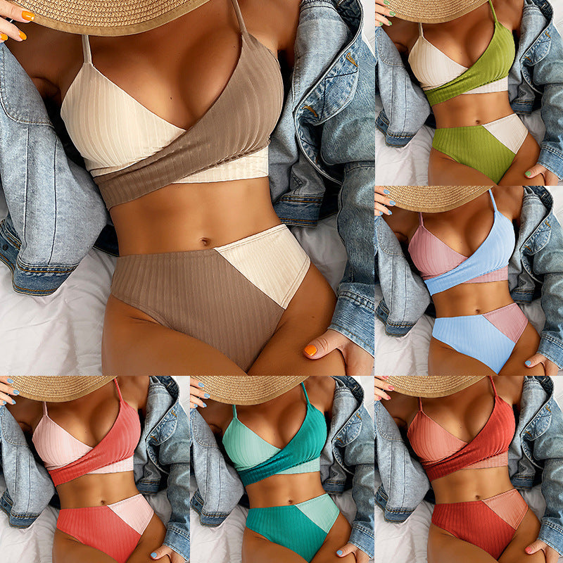 Bikini Patchwork Badkläder Ribbade dambaddräkt Knot Back Strandkläder Ruched Butt Biquinis Baddräkter