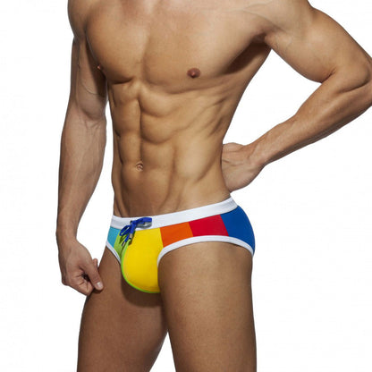 Slip de bain arc-en-ciel, Sexy, ajusté, couleur, couture, en Nylon épais, maillot de bain, Bikini pour hommes