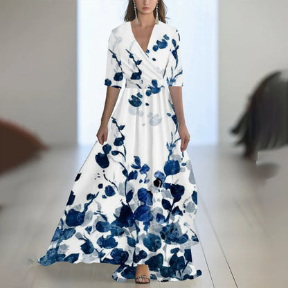 Printed Long Sleeved V-neck Patchwork Dress
