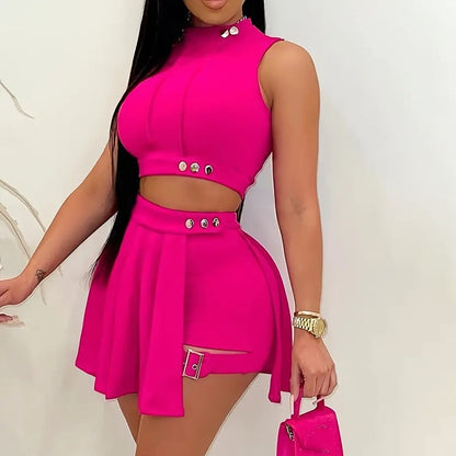 Dam 2-delade outfits kjolset sommar ärmlös crop top veckad kort minikjol