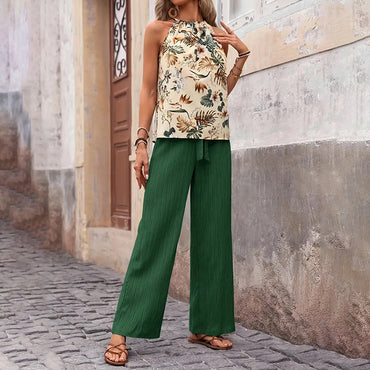 Damkläder med två delar, sommar, casual, ärmlös, halterneck, crop tops, vida ben, set med byxor