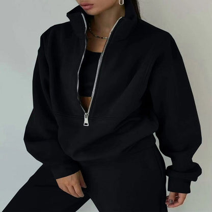 Stand Collar Suit Zip Up Crop Sportswear Long Sleeve Sweatshirt And Trousers For Spring Fall Women's Clothing