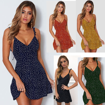 Polka-dot Strappy Dress Dam Sommar Mode Beach Sundress