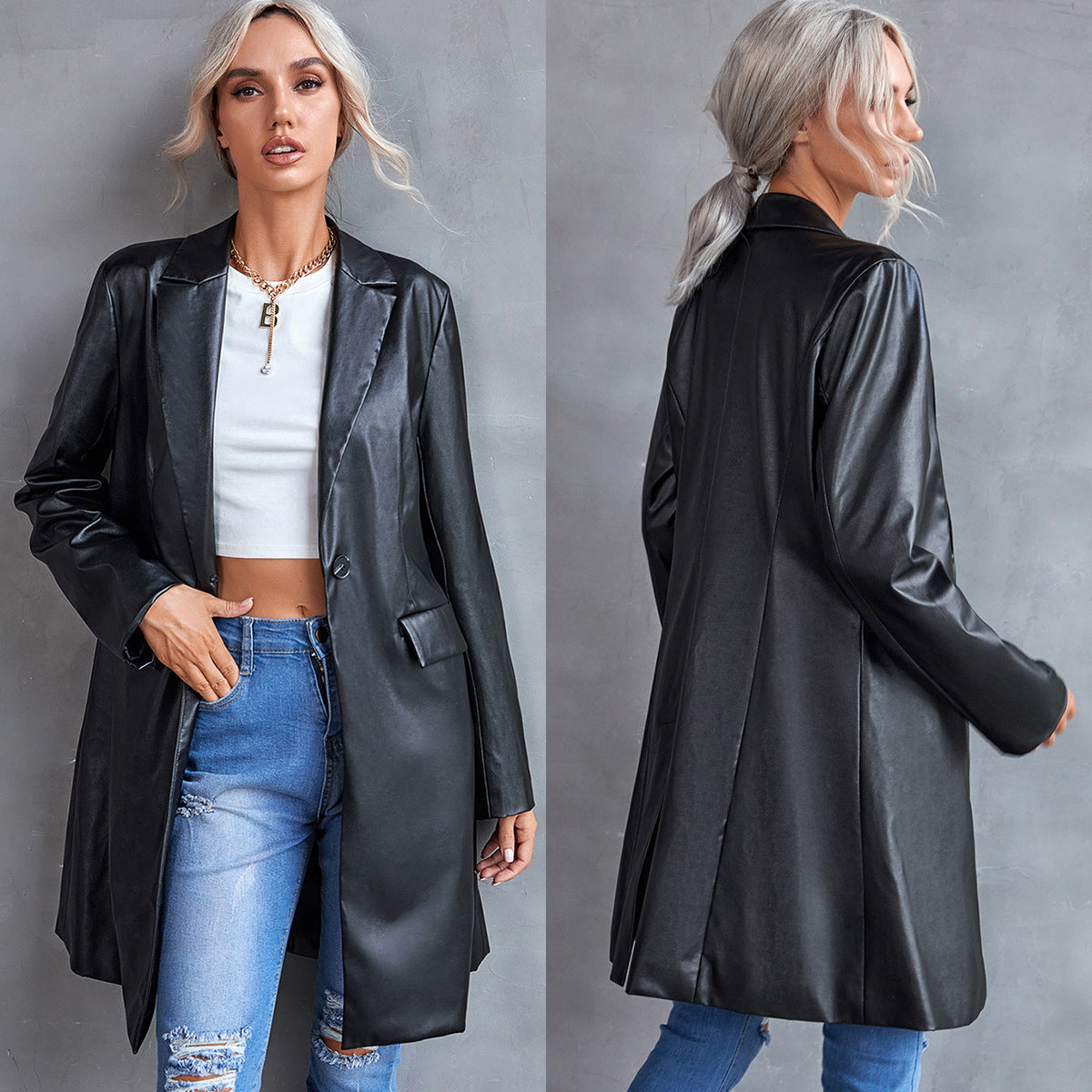 Haut blazer coupe-vent à manches longues en cuir pour femme