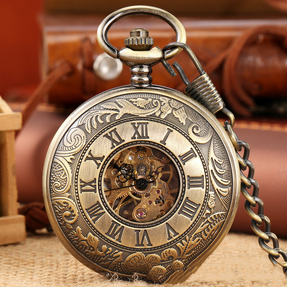 Retro Double-open Carved Hollow Manual Manipulator Pocket Watch For Men And Women