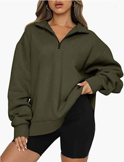 Dam sweatshirts Zip turndown krage Lösa Casual Tops Kläder