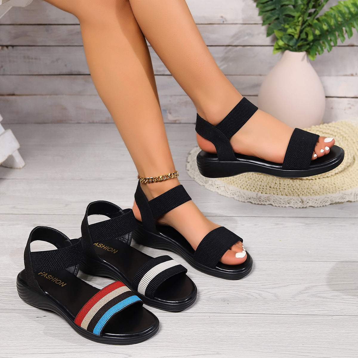 Women's Color-Block Elastic Fish Mouth Flat Sandals - Summer