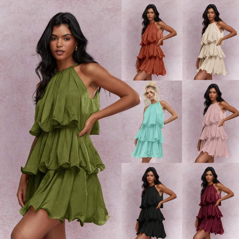 Elegant Halter Neck Sleeveless Strapless Sheer Layered Dress - Ruffled Hem Elegant Women's Summer Party Dress  Beach Vacation Outfits