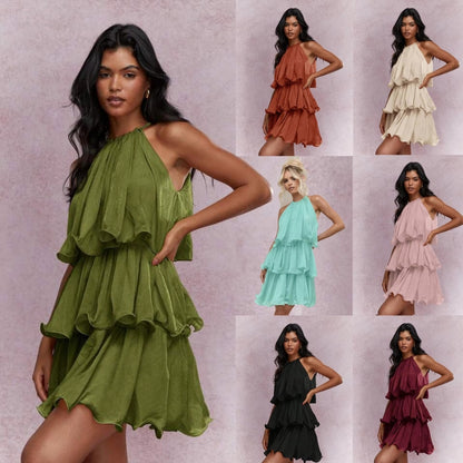 Elegant Halter Neck Sleeveless Strapless Sheer Layered Dress - Ruffled Hem Elegant Women's Summer Party Dress  Beach Vacation Outfits