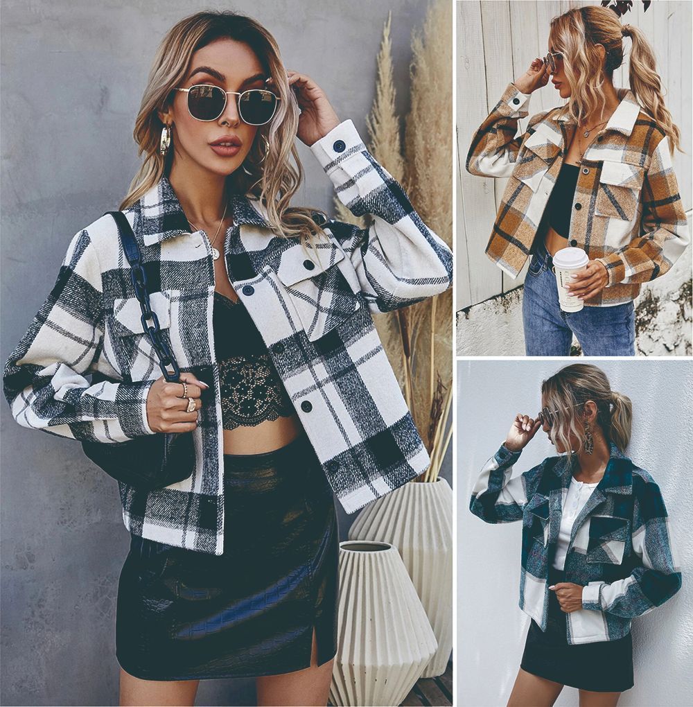 Manteau court à carreaux en laine à simple boutonnage pour femme