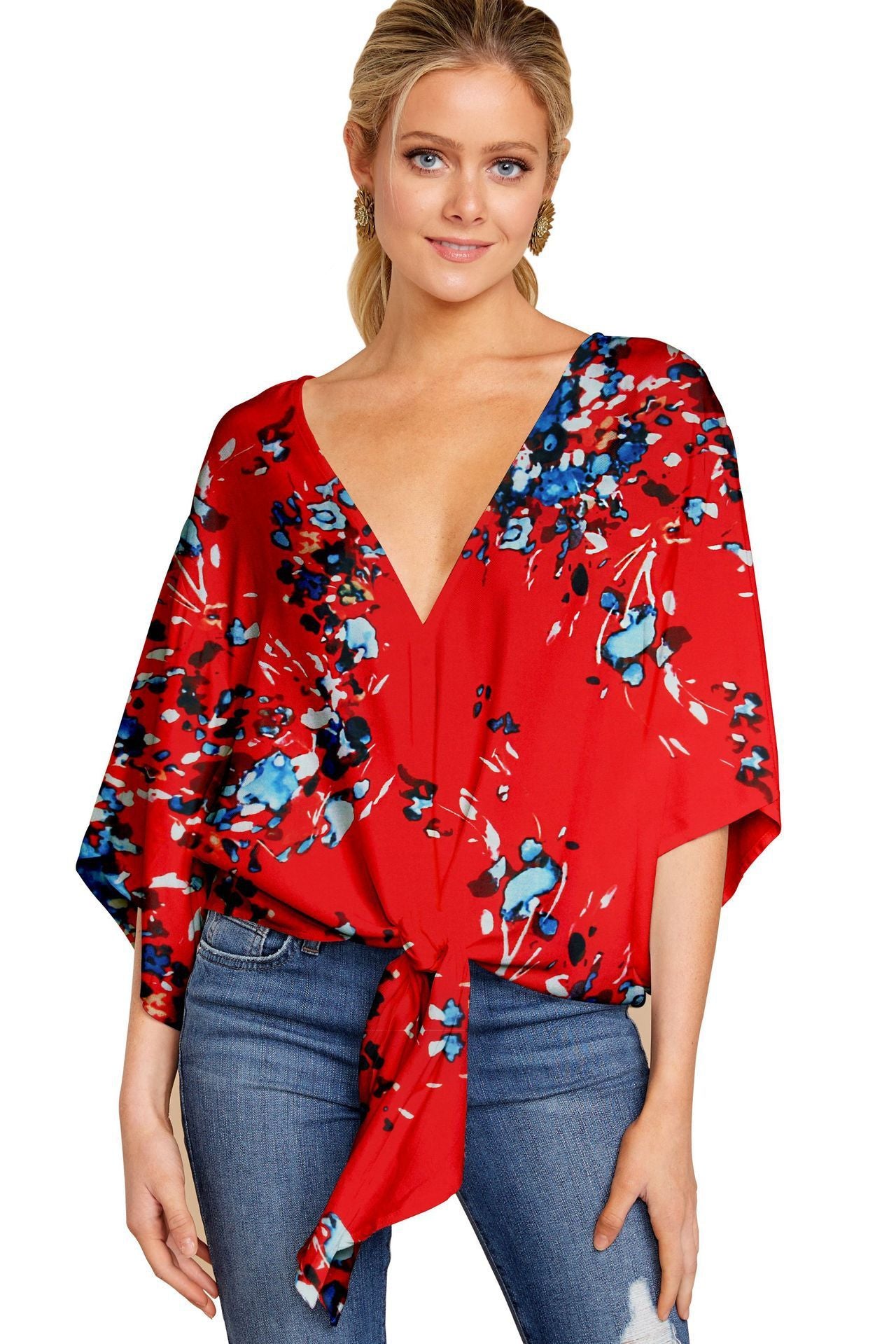 Spring And Summer New V-neck Short-sleeved Printed Loose Top Women's