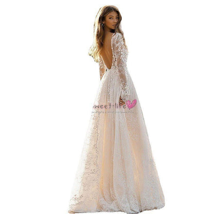 Women's Wedding Dress - Elegant Lace Long Sleeve Gown